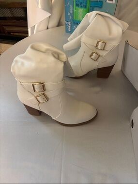 Dream Pairs Cream Slouch Ankle Boots with Gold Buckles